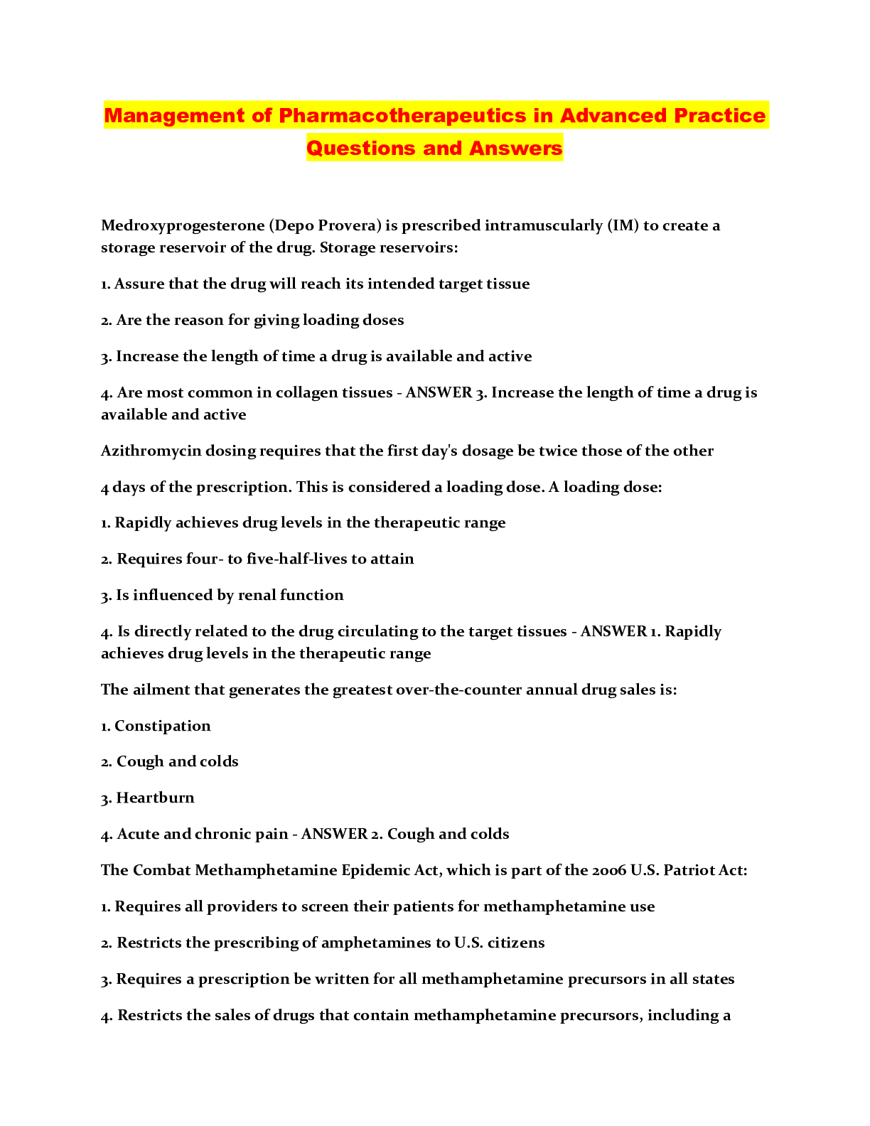 Preview image for Management of Pharmacotherapeutics in Advanced Practice Questions and Answers